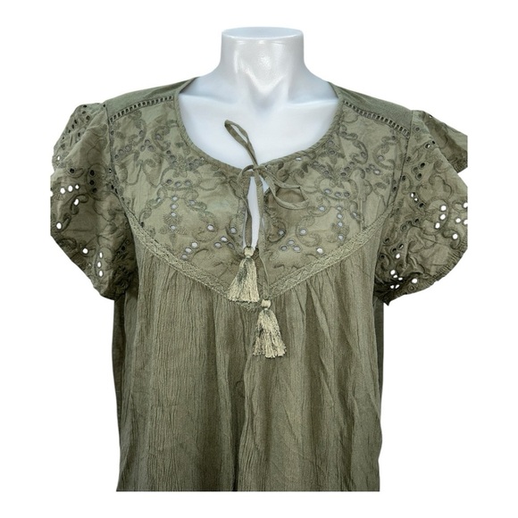Style and Co Green Olive Flutter Sleeve women’s Blouse with Tie Front Size 1X - Picture 3 of 12